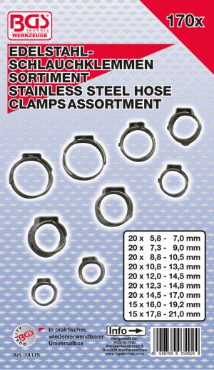 BGS-14115 RVS Slangklem Assortiment | Ø 5,8 - 21 mm | 170-delig